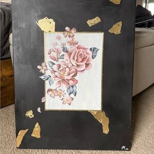 Floral Canvas Art with Gold Accents- hand painted by me